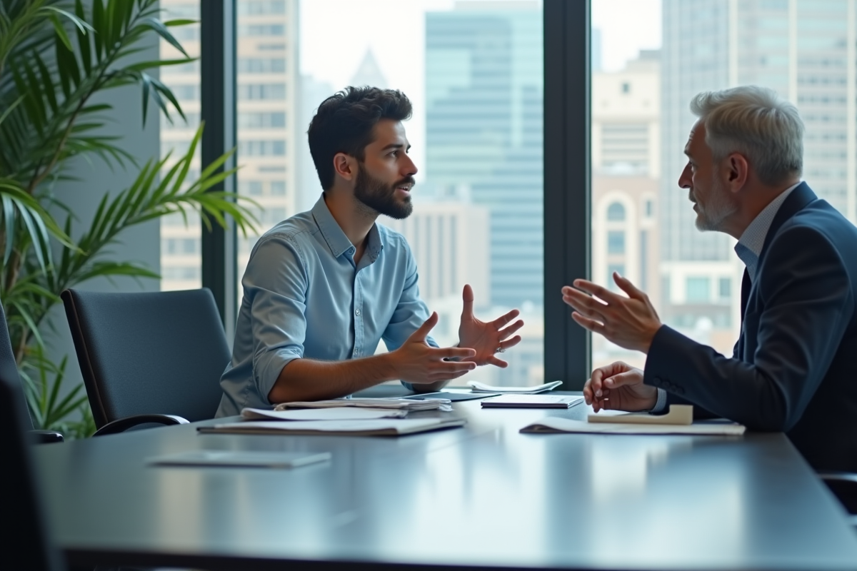 Jeune homme expliquant un projet à un superviseur dans une salle de réunion