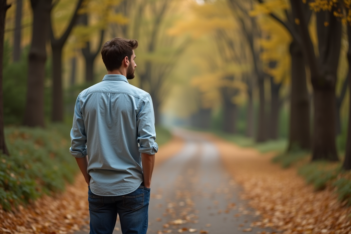 Jeune homme en forêt en automne contemplant le chemin