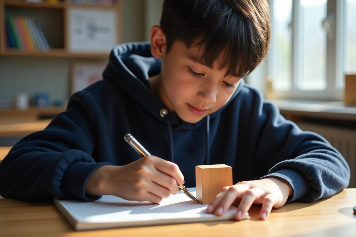 Jeune garçon en classe mesure un cube en bois