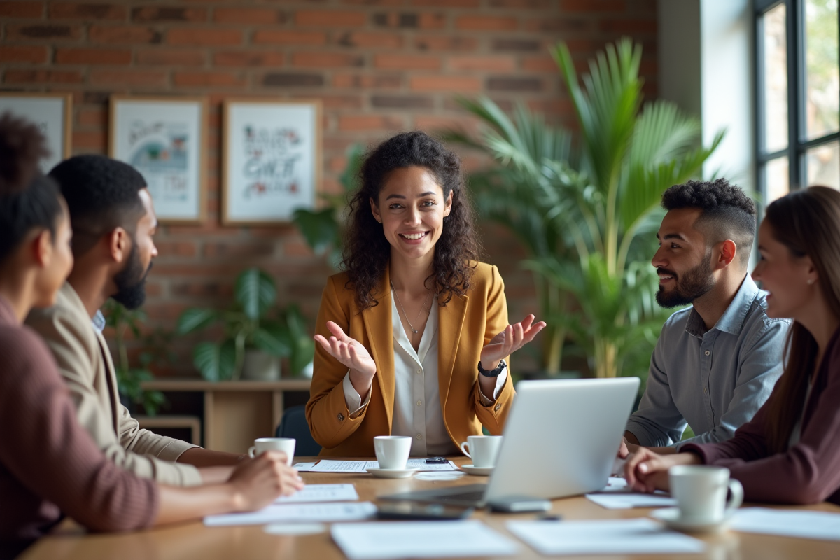 Jeune femme leader parlant à une équipe créative