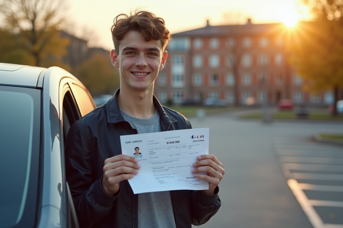 Jeune adulte tenant un permis de conduire français et une lettre de subvention