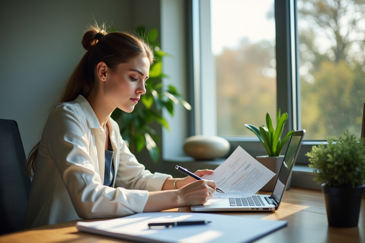 Jeune professionnel au bureau moderne avec ordinateur et plantes