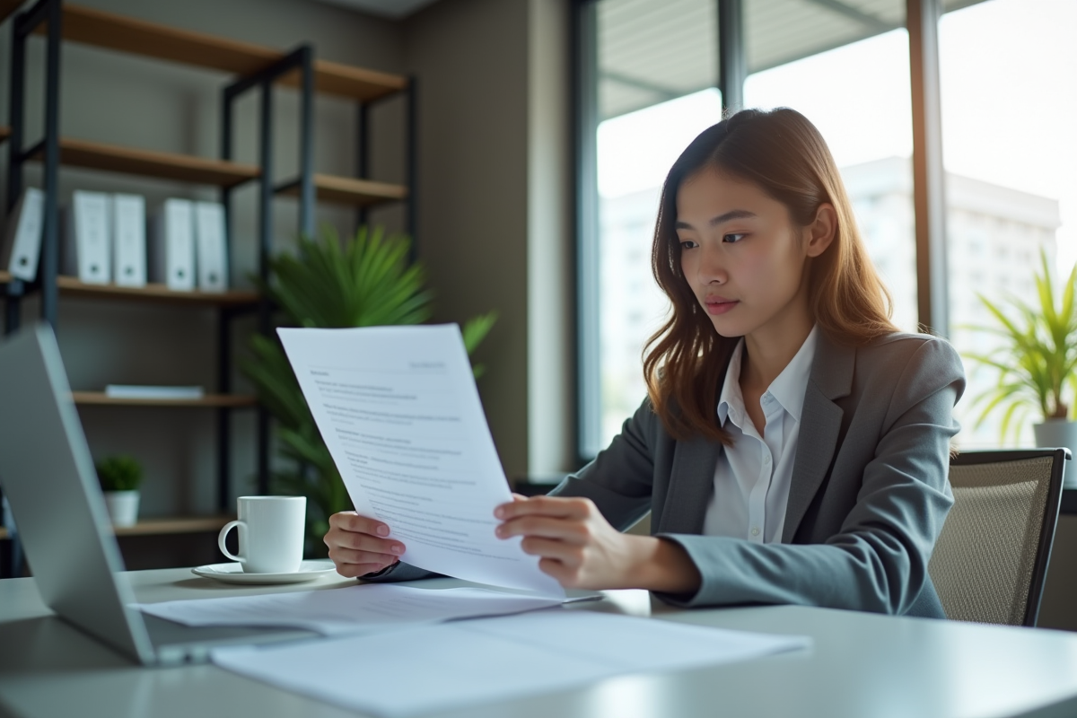 Jeune professionnel examinant documents de certification financière