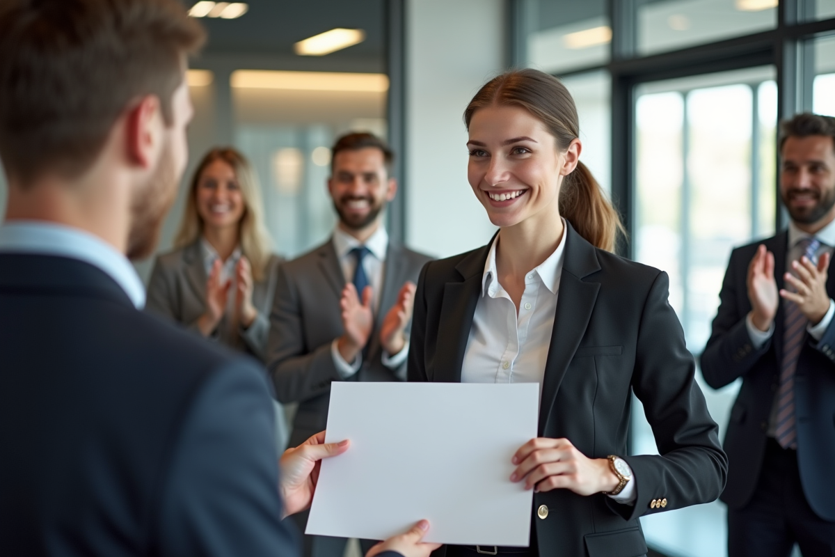 Jeune professionnel recevant un certificat en milieu de travail