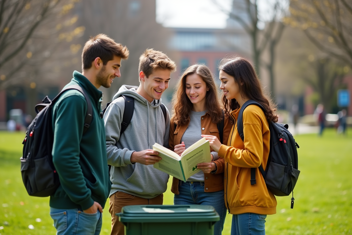 Groupe de jeunes discutant du recyclage en plein air