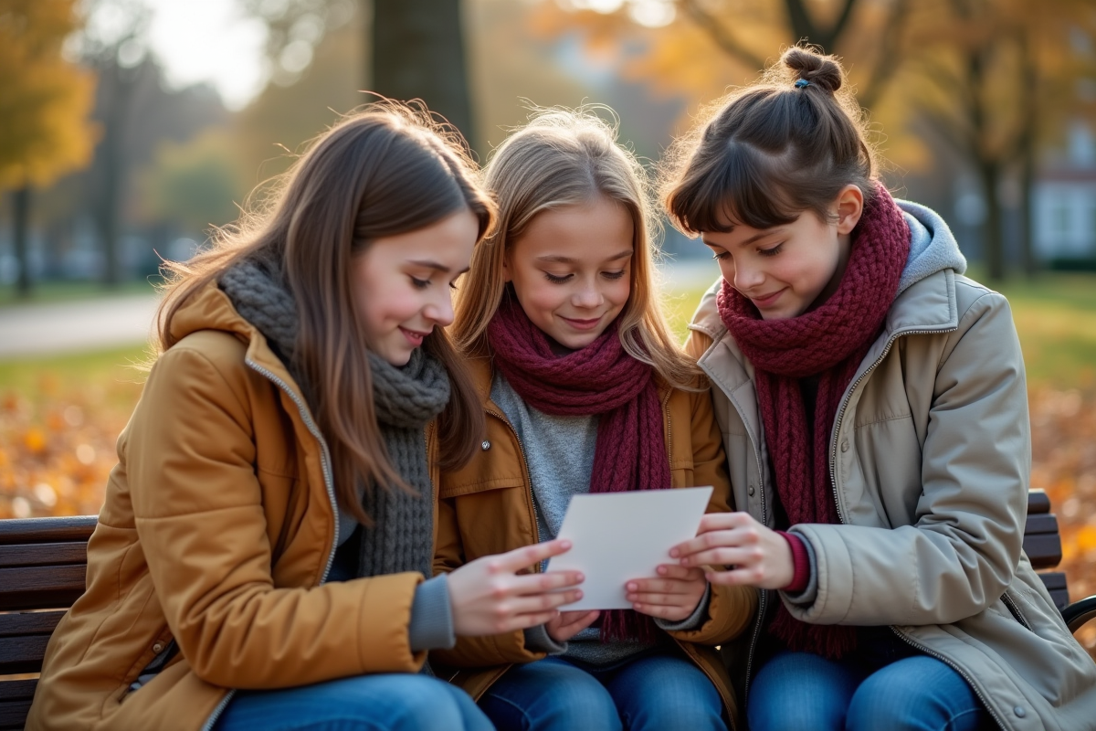 Jeunes parlant autour d une carte de vocabulaire dans un parc