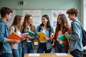 Groupe de lycéens français en classe moderne souriants