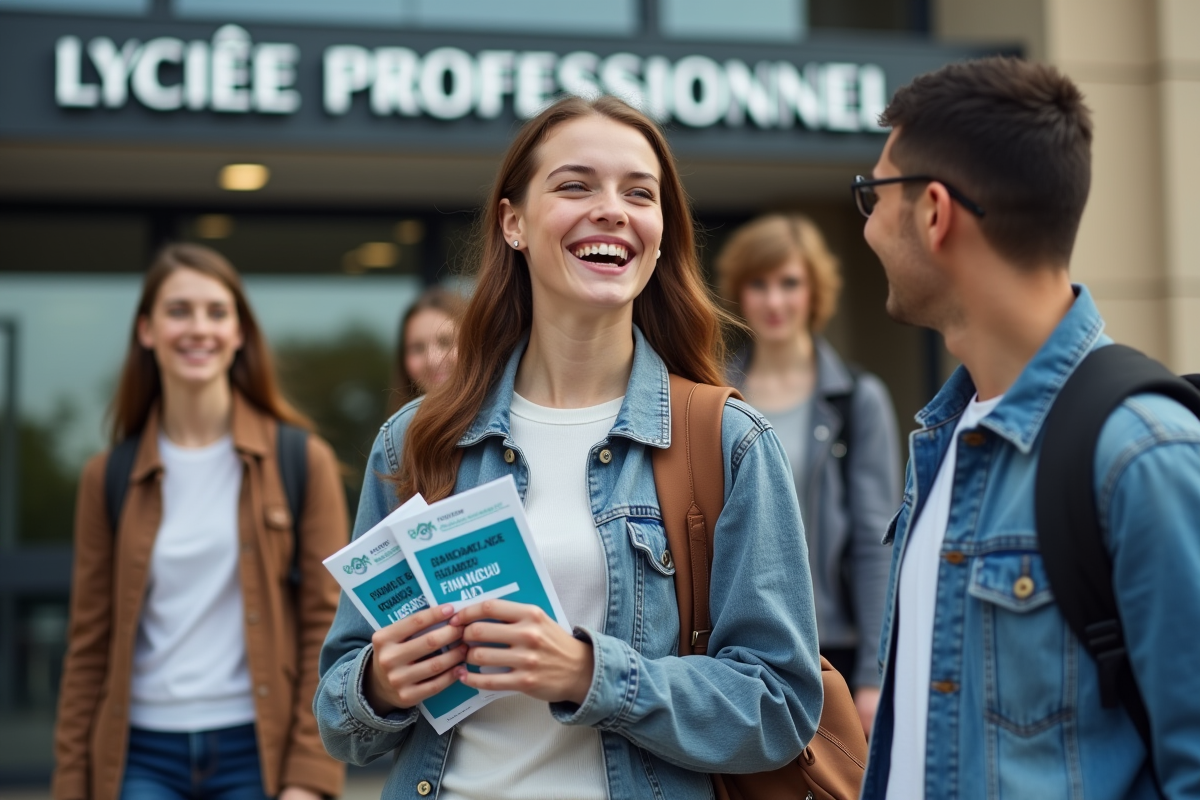 Groupe de jeunes sortant du lycée avec brochures d