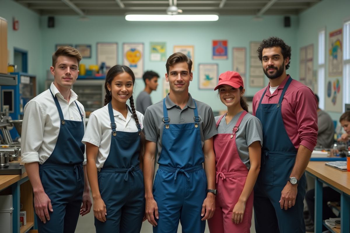 Étudiants en uniforme professionnel dans un atelier lumineux