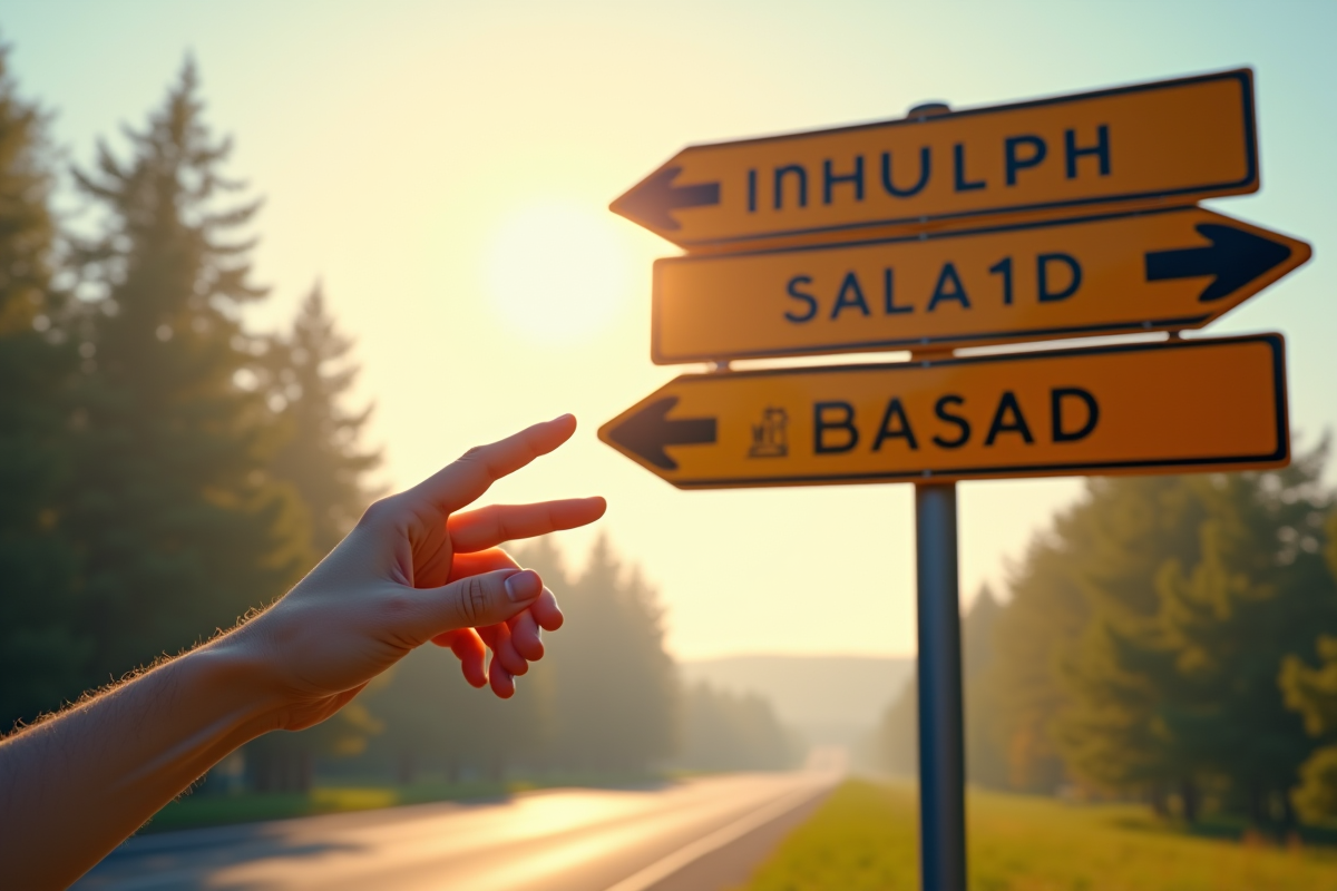 Main tendue vers des panneaux de signalisation colorés