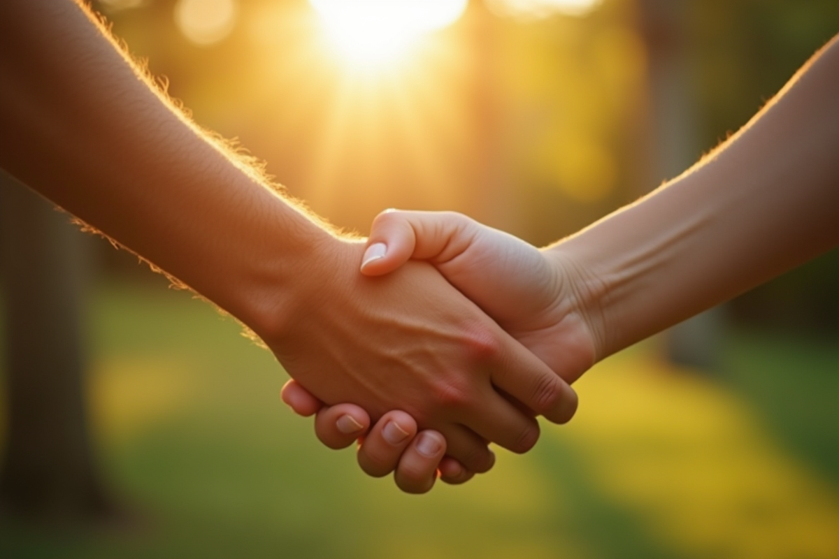 Mains qui se touchent dans un parc ensoleille avec fond flou