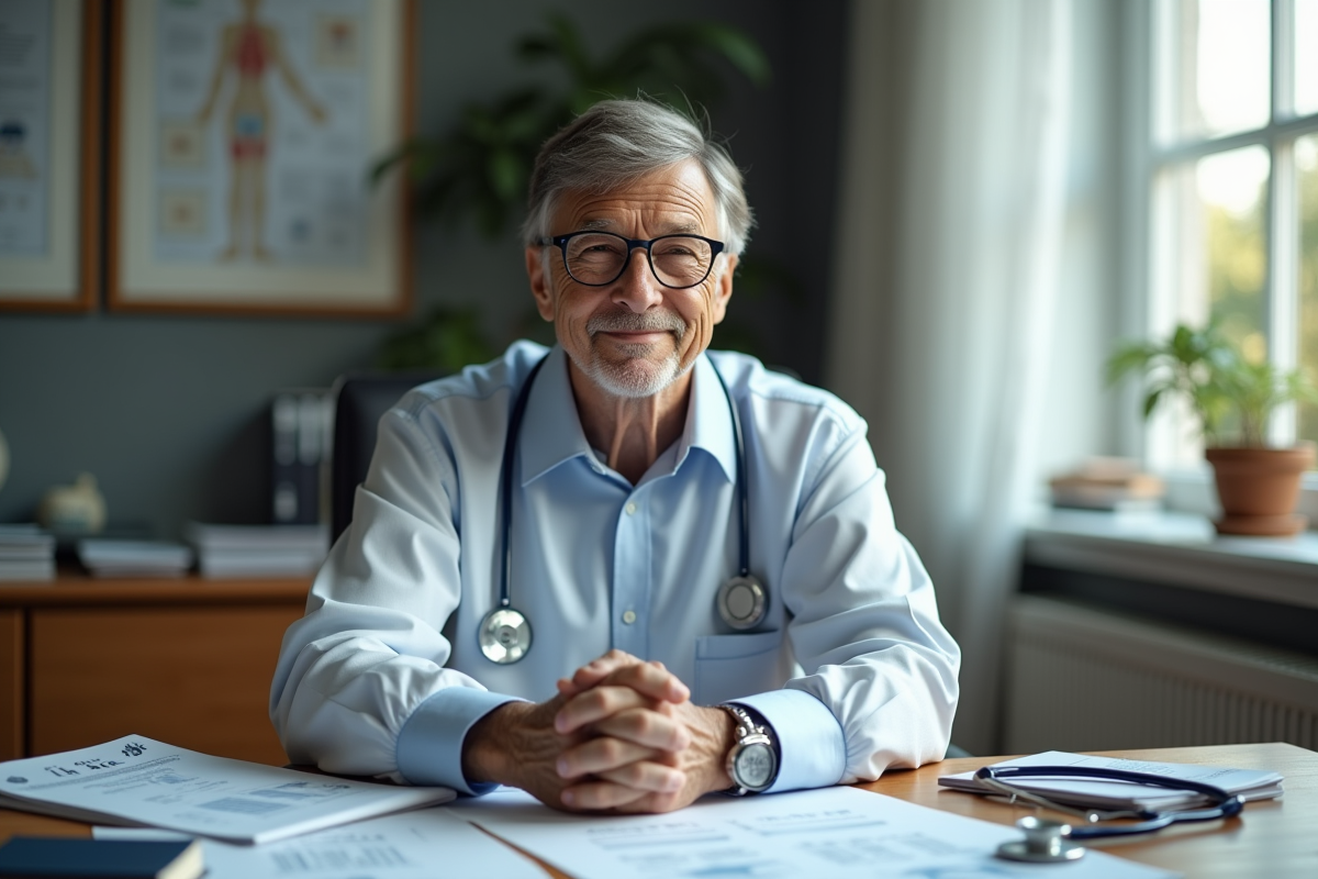 Médecin d'âge moyen ressemblant à Bill Gates à un bureau avec livres de médecine