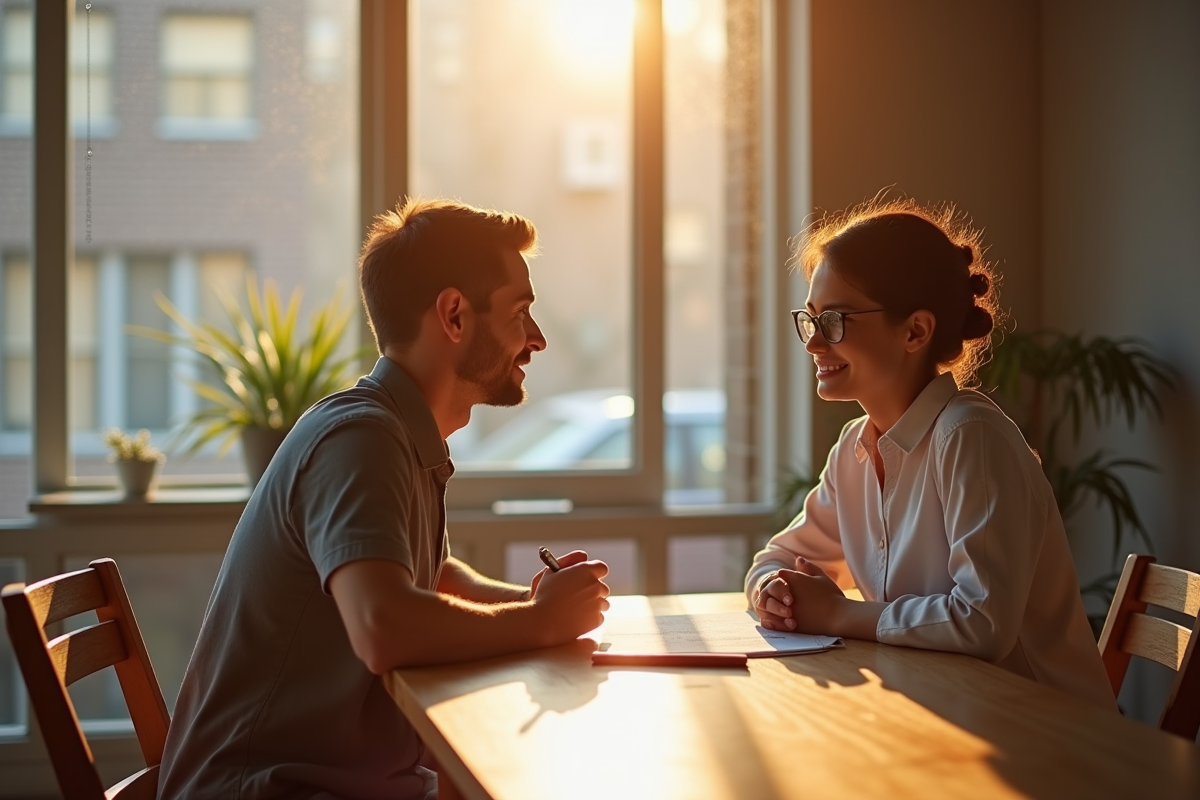 Mentor soutenant un jeune adulte lors d'une conversation chaleureuse