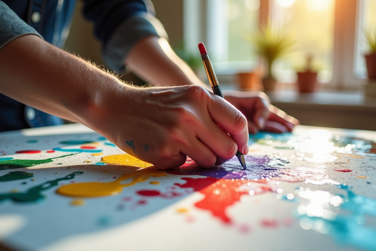 Mains d'artiste peintes en couleurs vives en pleine création