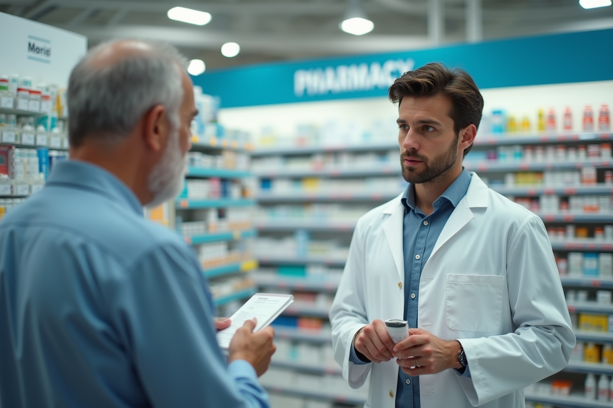 Jeune pharmacien expliquant une prescription à un client