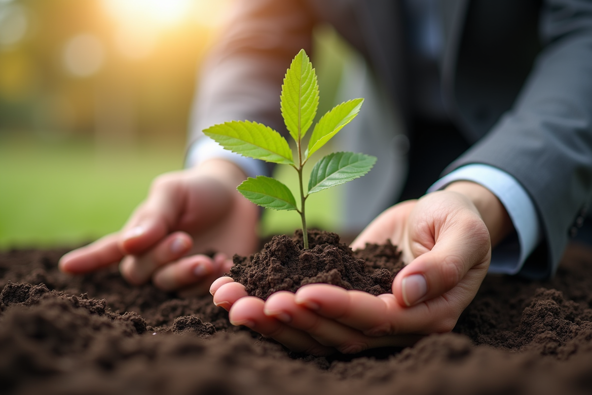 Mains plantant un jeune arbre avec collègues en arrière-plan