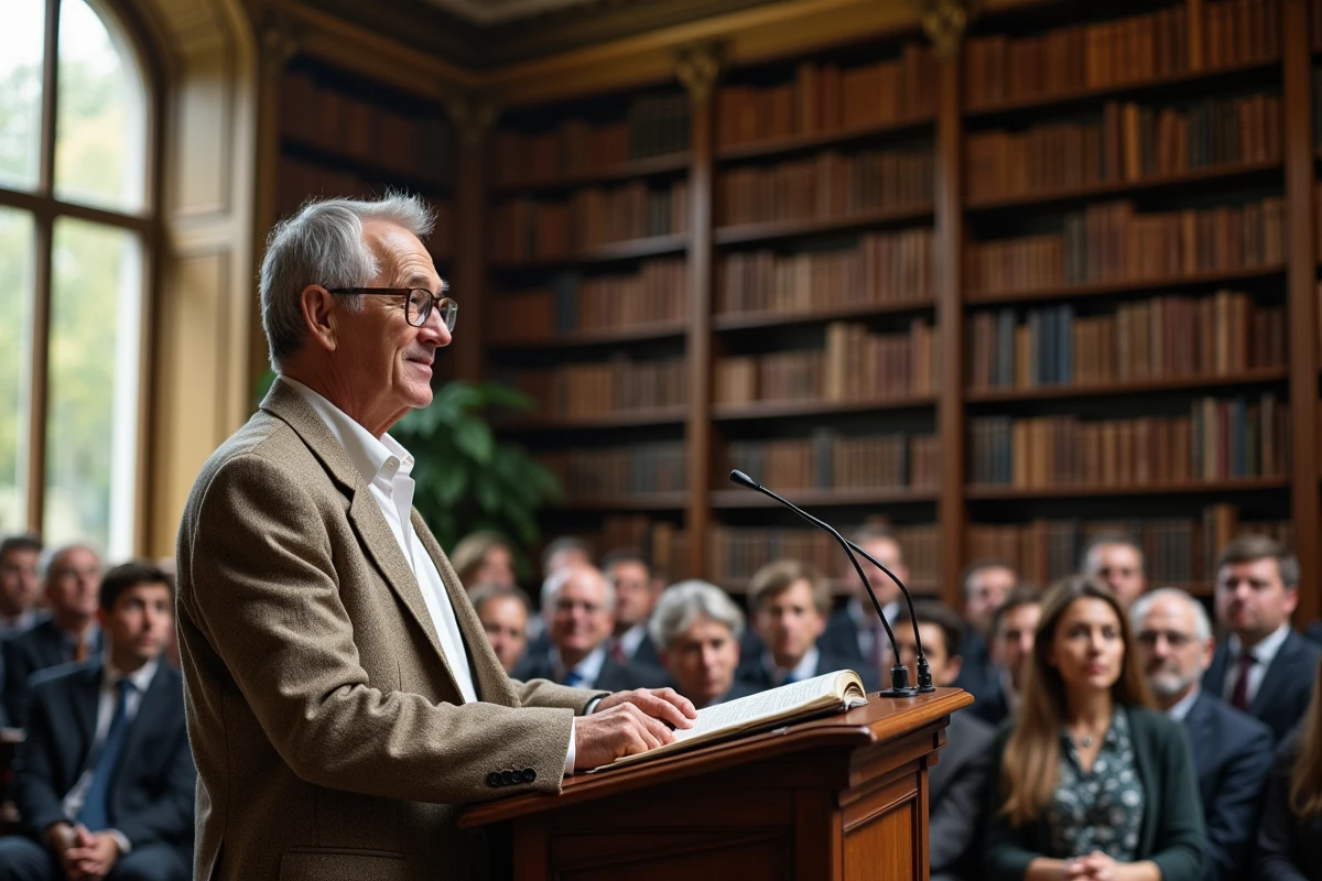 Professeur universitaire dans une bibliothèque ancienne