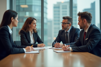 Quatre professionnels en réunion dans un bureau moderne