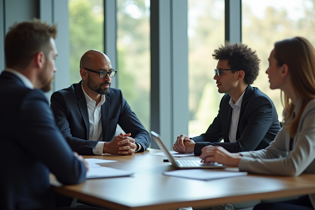 Quatre professionnels en réunion de travail autour d'une table
