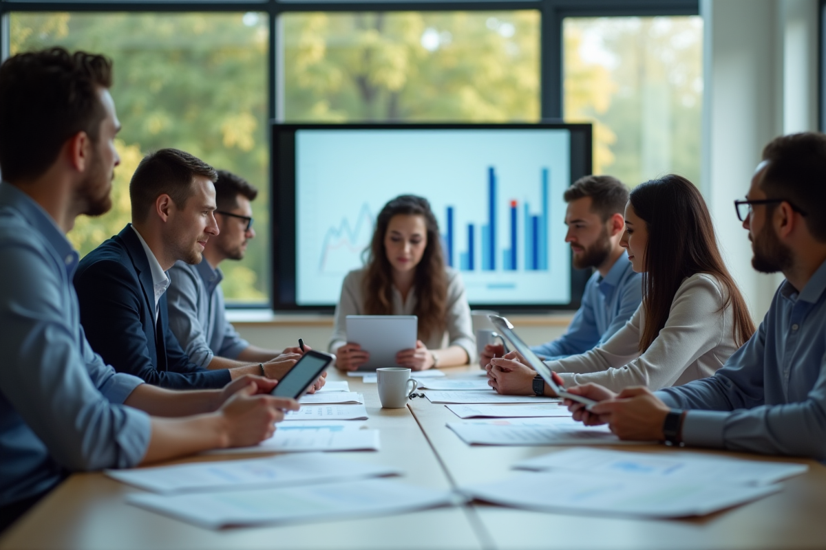 Groupe de professionnels d'affaires analysant des graphiques