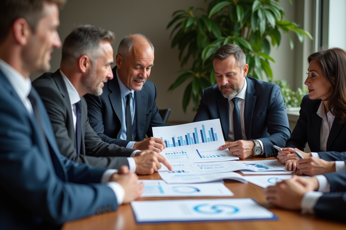 Groupe de managers en réunion dans une salle moderne