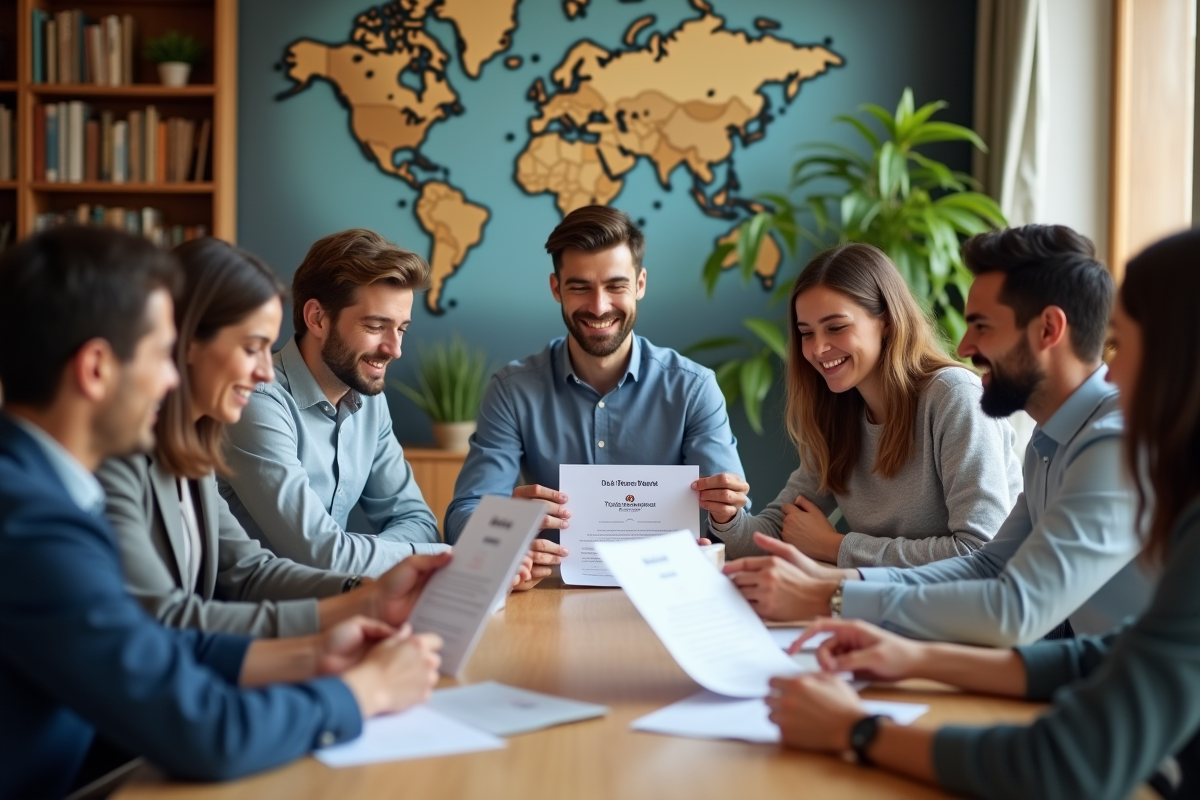 Groupe de jeunes professionnels discutant de certificats RNCP