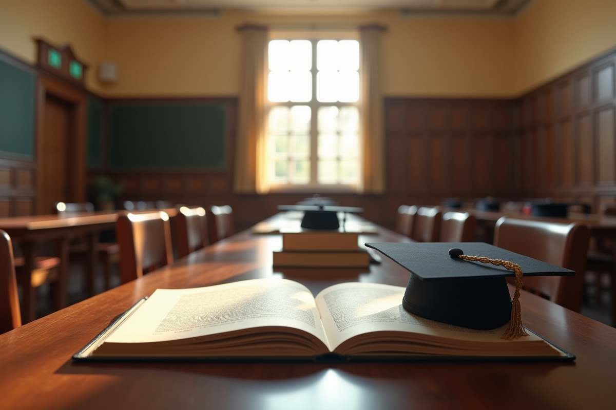 Salle de cours universitaire élégante avec documents et chapeaux