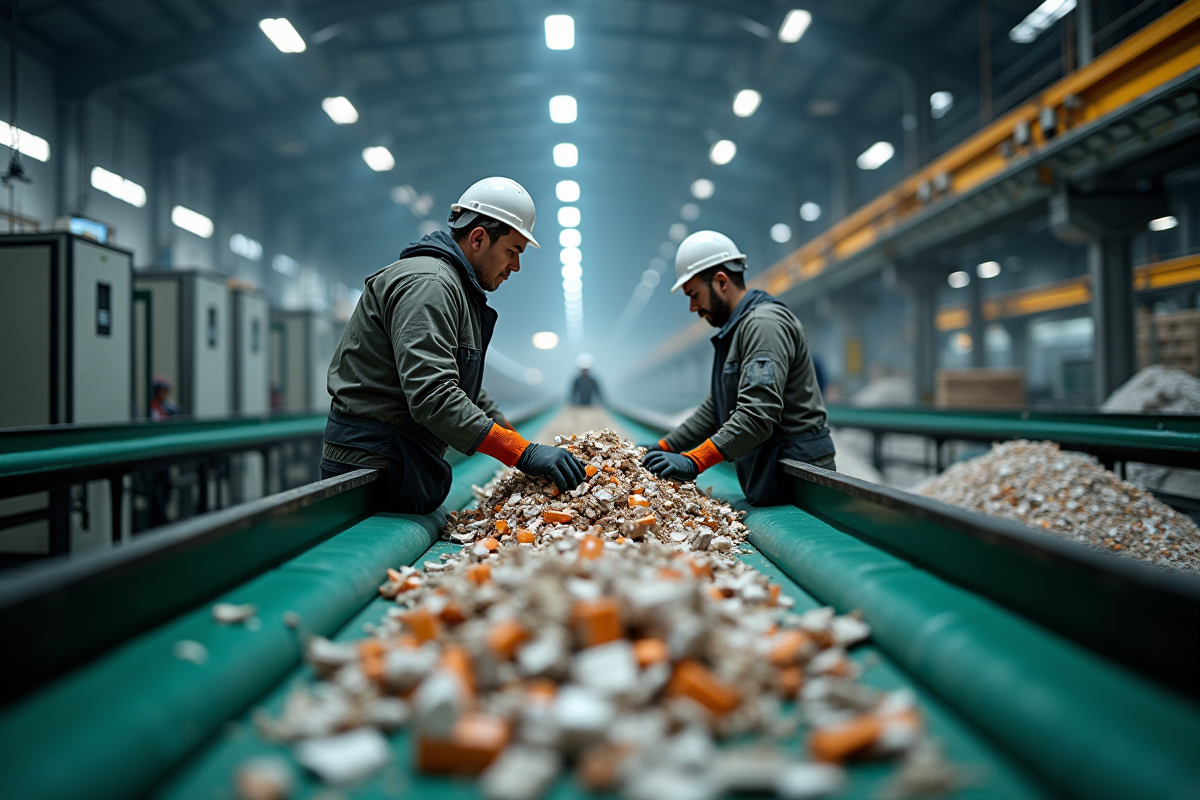 Travailleurs triant des matériaux recyclables sur un convoyeur moderne