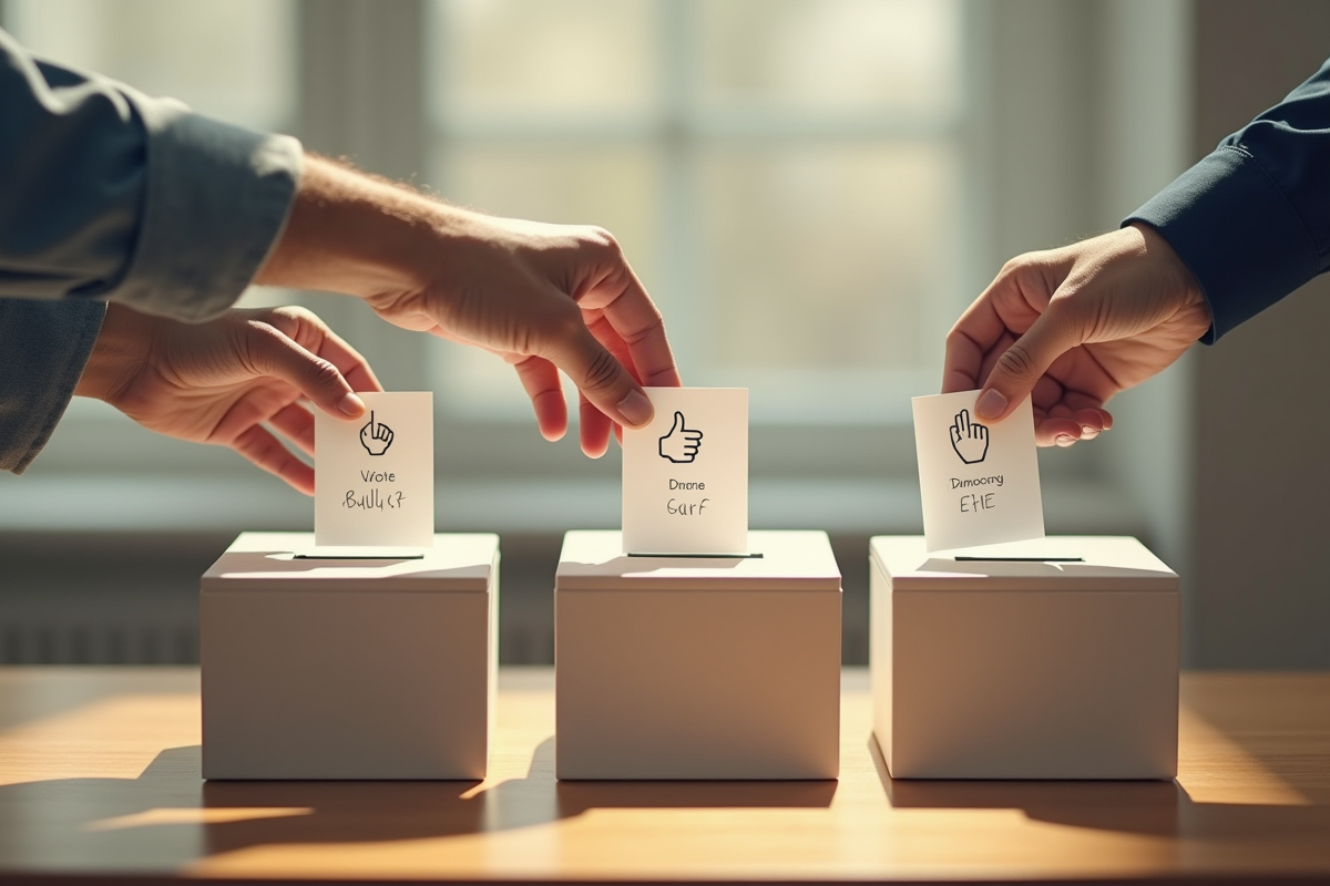 Trois mains votant dans des urnes de différents types de democratie